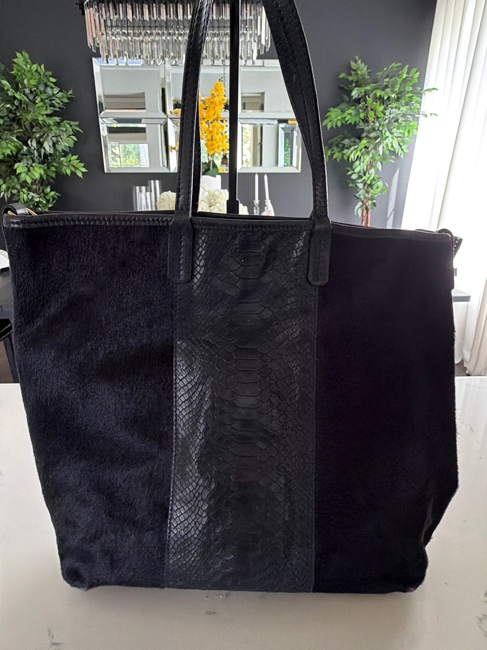 Women’s Blue Tote Bag with Textured Center Panel